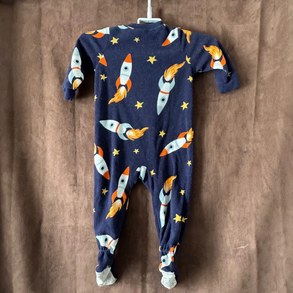 Carters Just One You Boys 18M Navy Blue Rocket Ship Fleece‎ Footed Pajamas